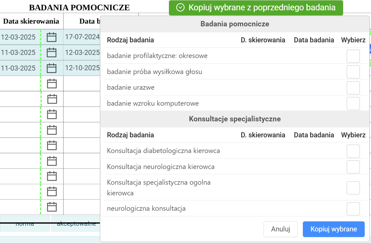 eOrzecznik Kopiowanie wybranych badań laboratoryjnych i konsultacji spocjalistycznych z poprzedniego badania
